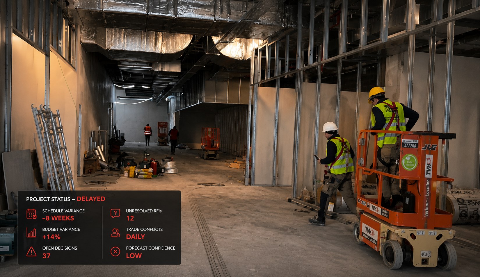 Delayed project — 8 weeks behind, 14% over budget, 37 open decisions, confidence low