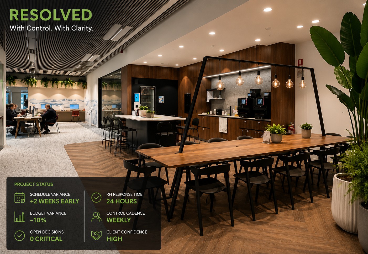Resolved project — 2 weeks early, 10% under budget, 0 critical decisions, confidence high
