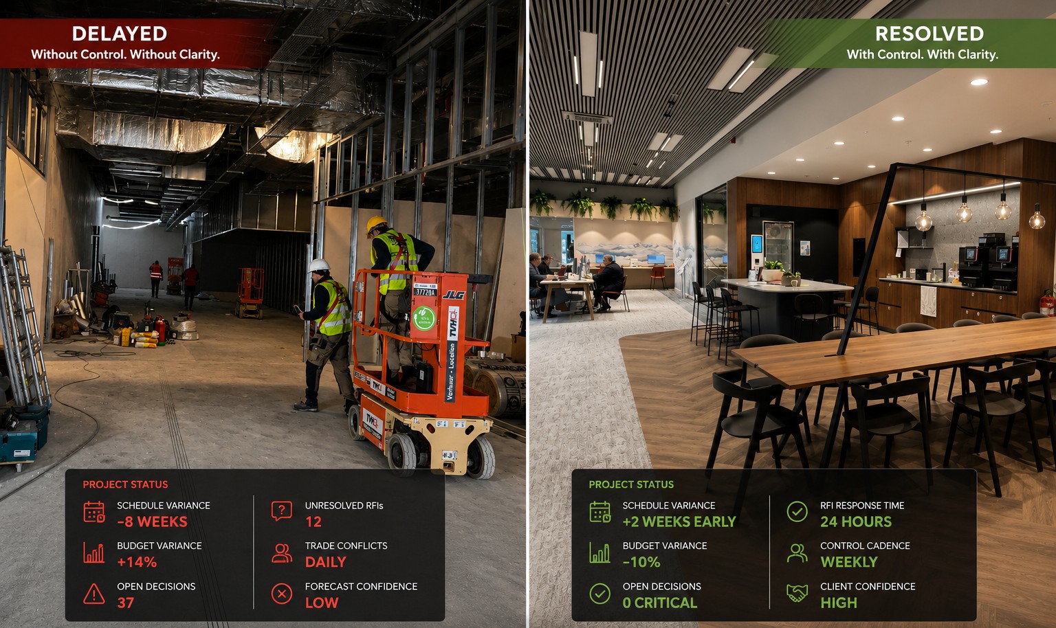 Same project, two systems — delayed and over budget versus early and under